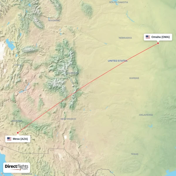 Omaha - Mesa direct flight map