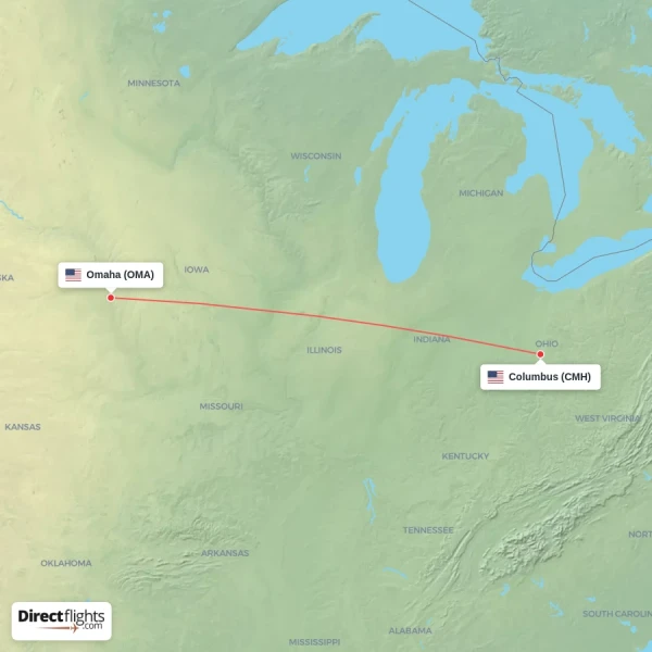Omaha - Columbus direct flight map
