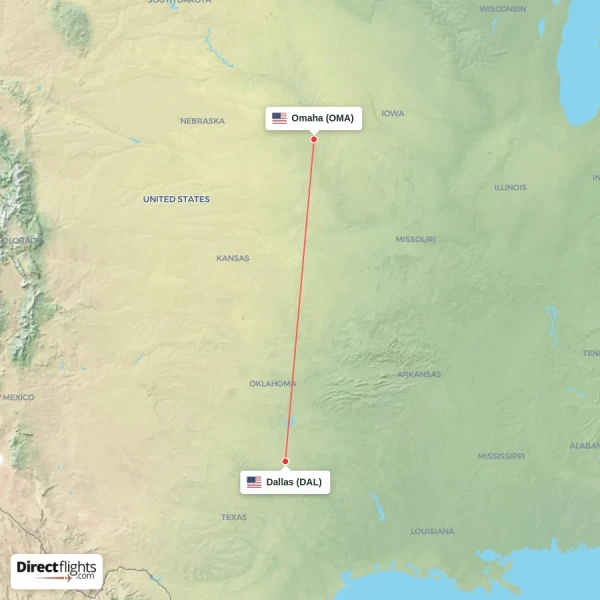 Omaha - Dallas direct flight map