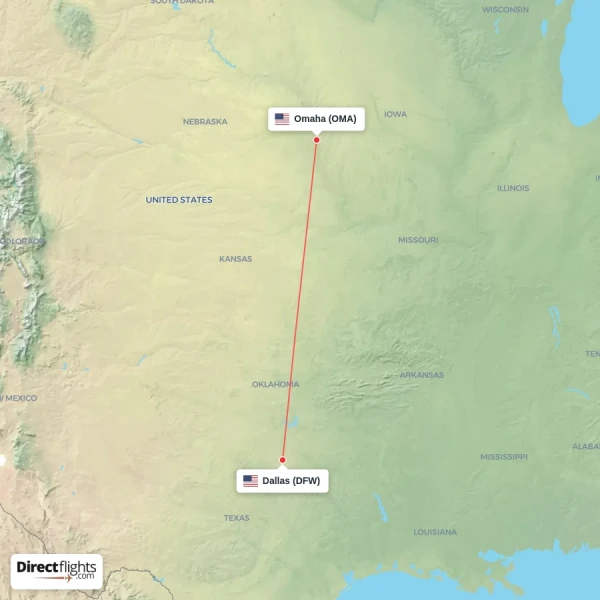Omaha - Dallas direct flight map