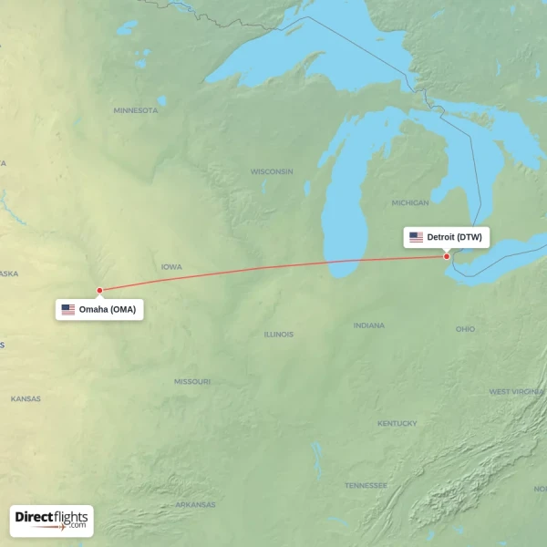 Omaha - Detroit direct flight map