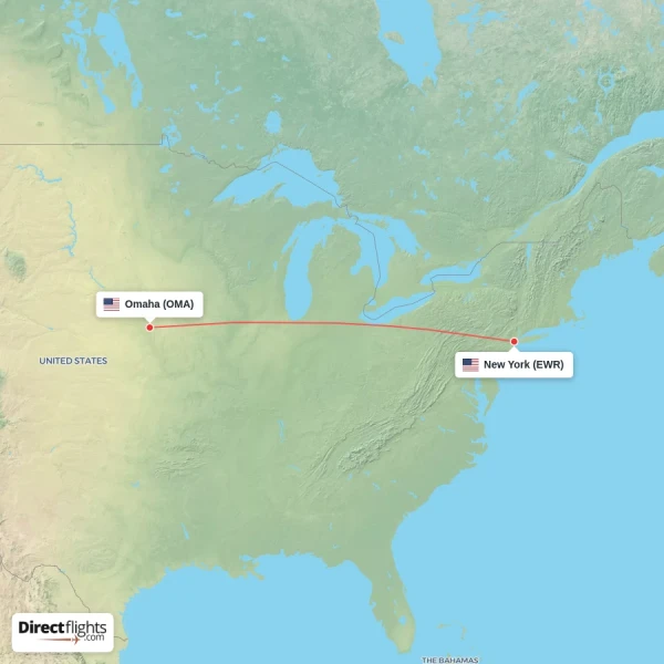 Omaha - New York direct flight map