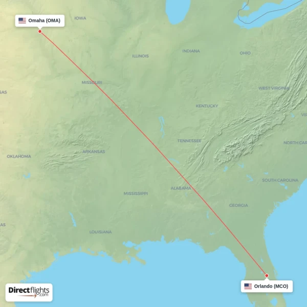 Omaha - Orlando direct flight map