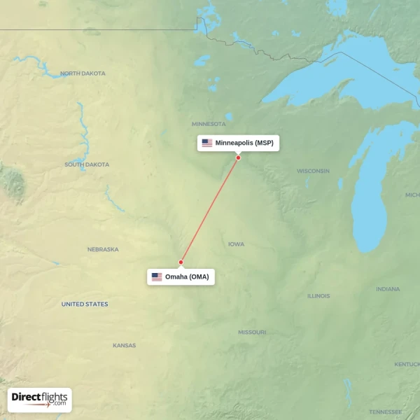 Omaha - Minneapolis direct flight map