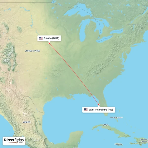 Omaha - Saint Petersburg direct flight map