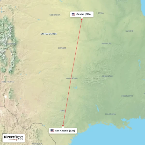 Omaha - San Antonio direct flight map