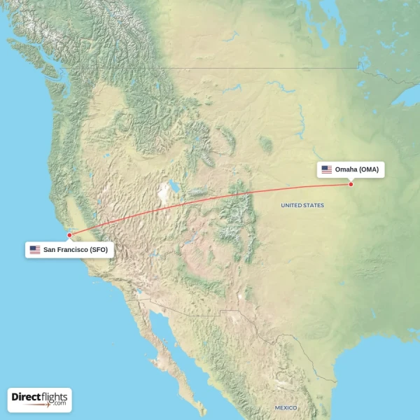 Omaha - San Francisco direct flight map