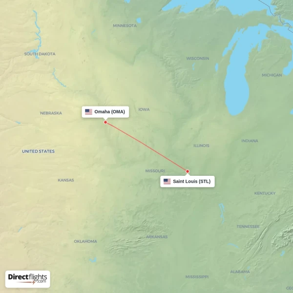 Omaha - Saint Louis direct flight map