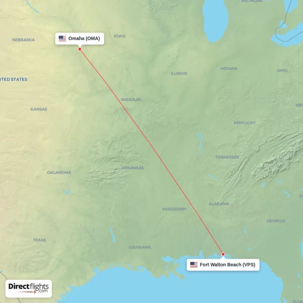 Omaha - Fort Walton Beach direct flight map