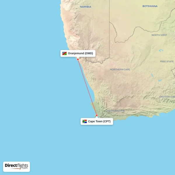 Oranjemund - Cape Town direct flight map