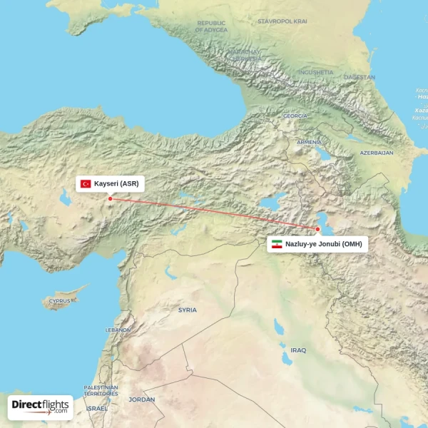 Nazluy-ye Jonubi - Kayseri direct flight map