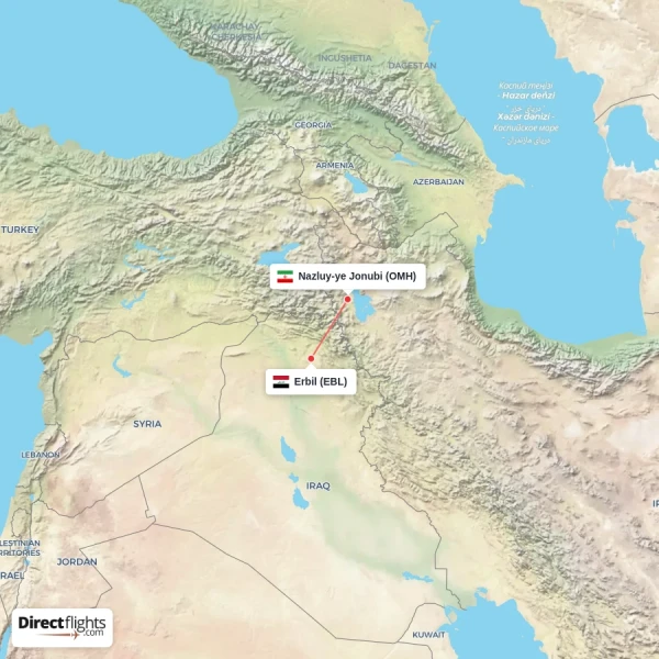 Nazluy-ye Jonubi - Erbil direct flight map