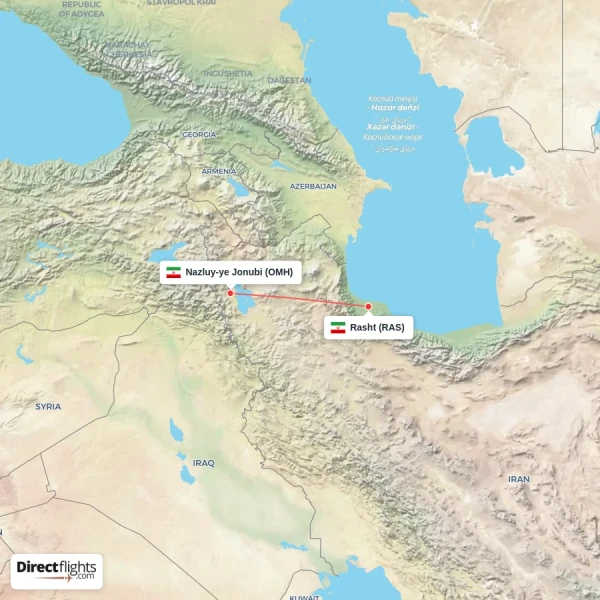 Nazluy-ye Jonubi - Rasht direct flight map