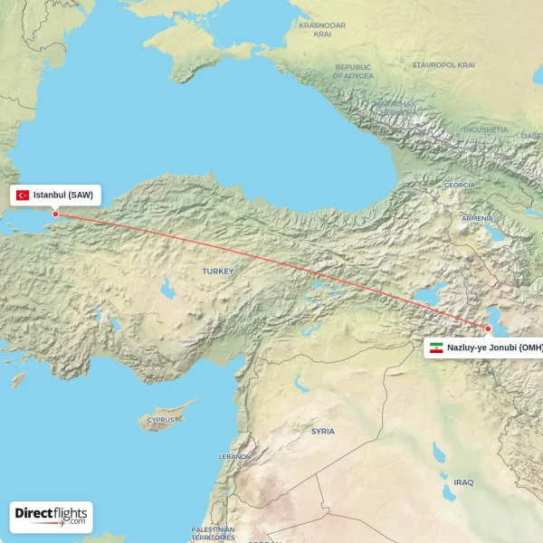 Nazluy-ye Jonubi - Istanbul direct flight map