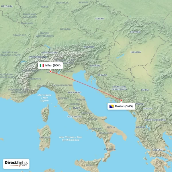 Mostar - Milan direct flight map