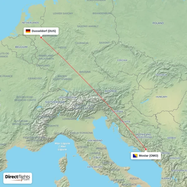 Mostar - Dusseldorf direct flight map