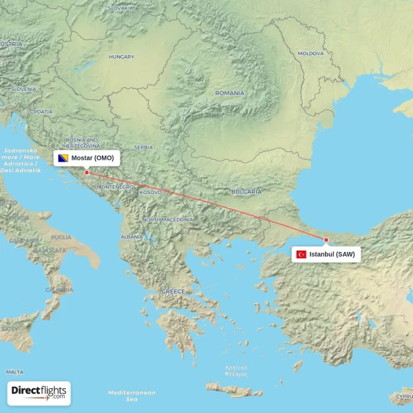 Mostar - Istanbul direct flight map