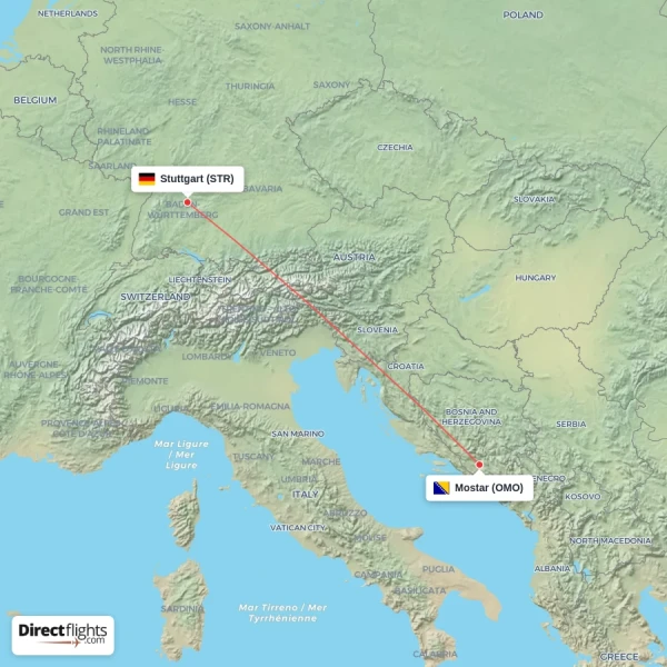 Mostar - Stuttgart direct flight map