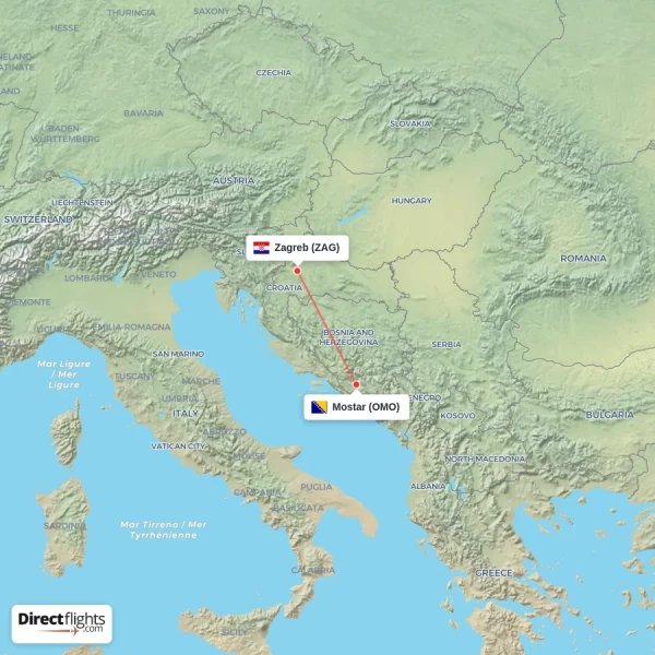 Mostar - Zagreb direct flight map