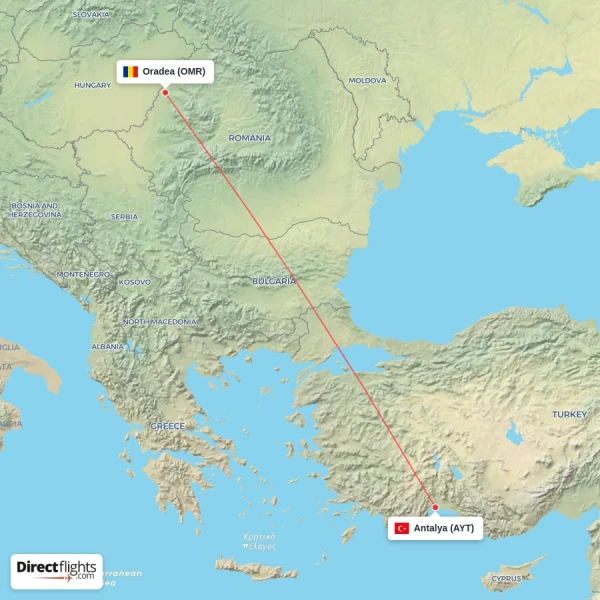 Oradea - Antalya direct flight map