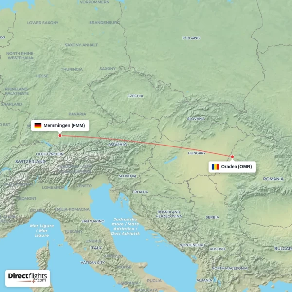 Oradea - Memmingen direct flight map