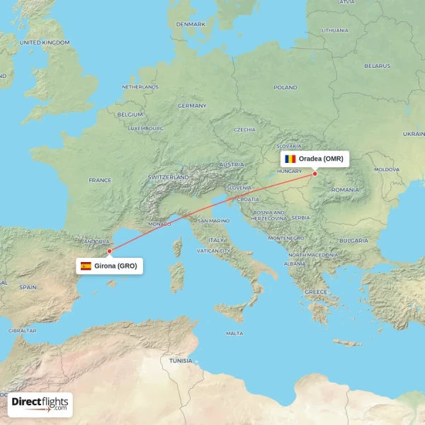 Oradea - Girona direct flight map