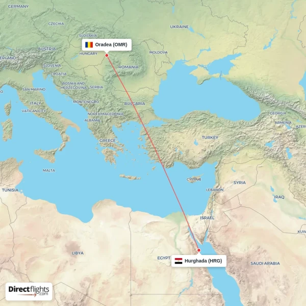Oradea - Hurghada direct flight map