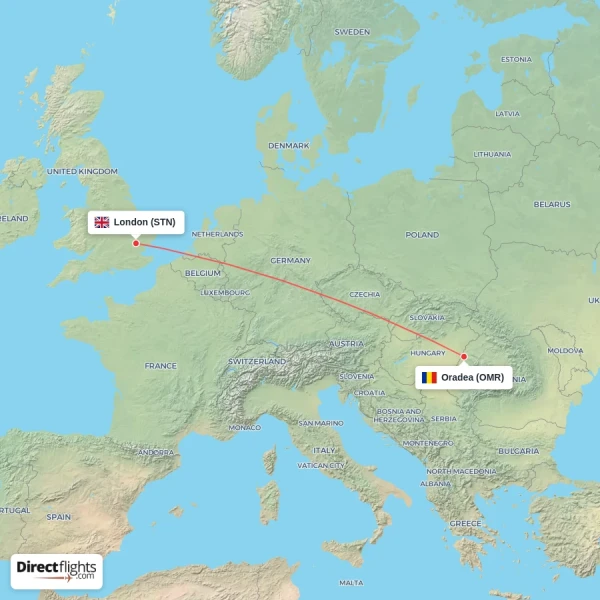Oradea - London direct flight map
