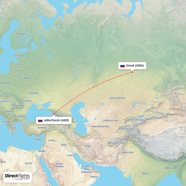 Omsk - Adler/Sochi direct flight map