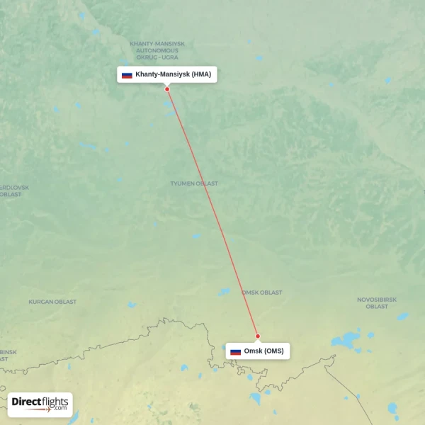 Omsk - Khanty-Mansiysk direct flight map