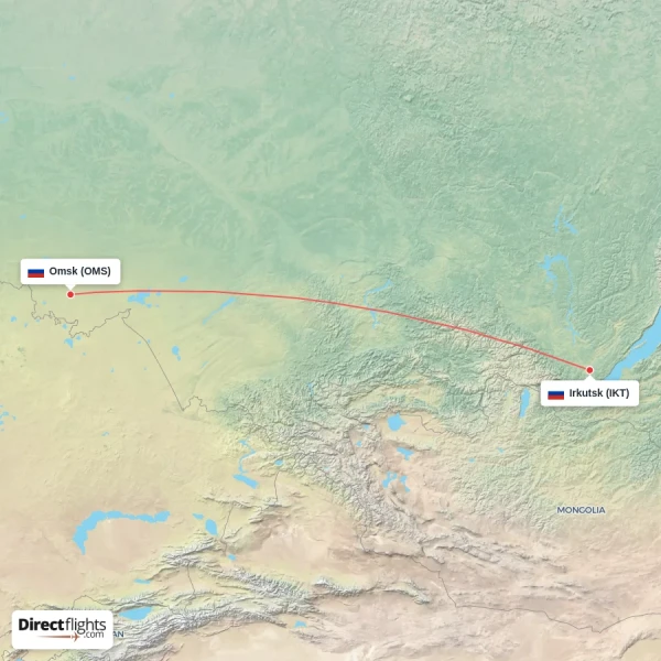 Omsk - Irkutsk direct flight map