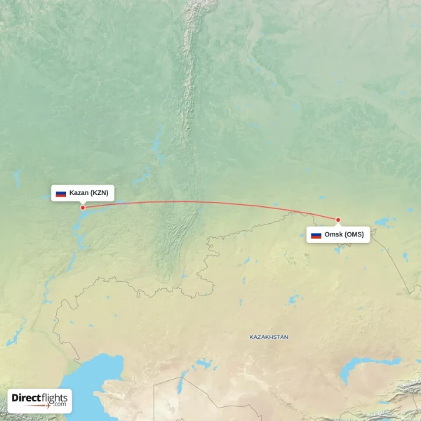 Omsk - Kazan direct flight map