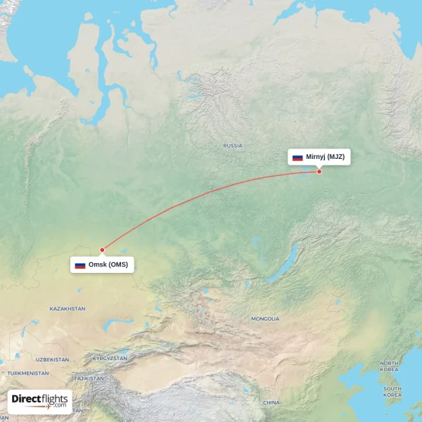 Omsk - Mirnyj direct flight map