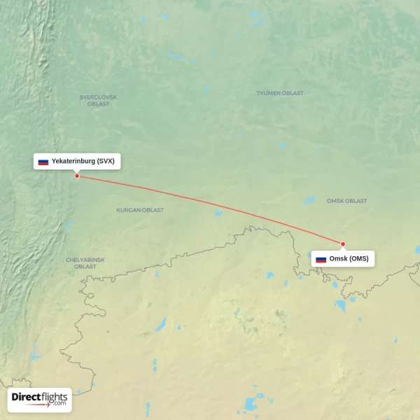 Omsk - Yekaterinburg direct flight map
