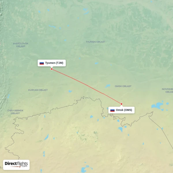 Omsk - Tyumen direct flight map