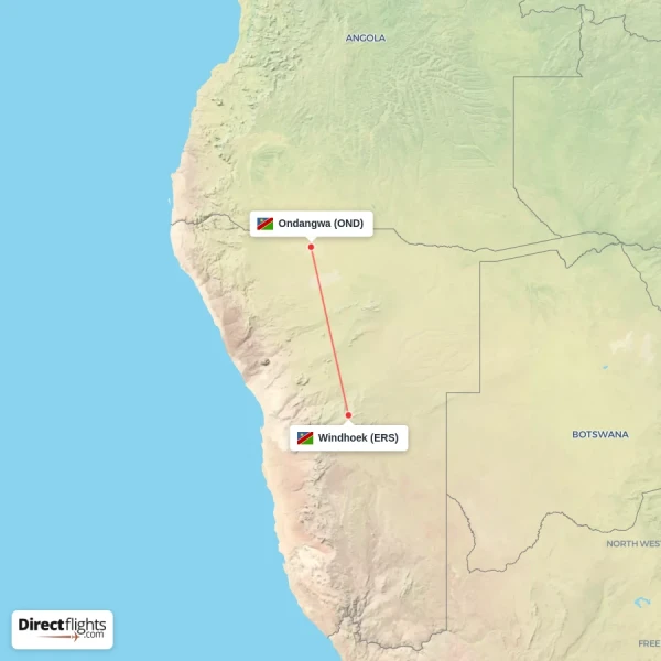 Ondangwa - Windhoek direct flight map