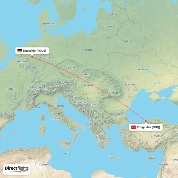 Zonguldak - Dusseldorf direct flight map