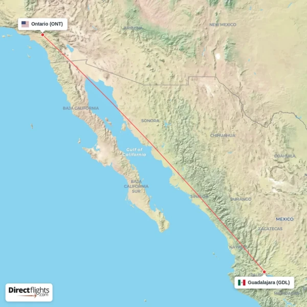Ontario - Guadalajara direct flight map