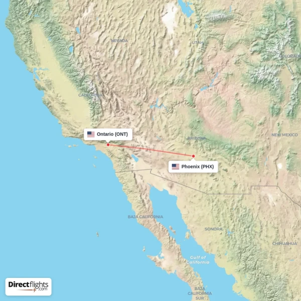 Ontario - Phoenix direct flight map