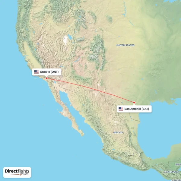 Ontario - San Antonio direct flight map