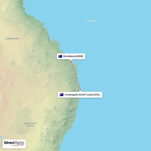 Coolangatta (Gold Coast) - Bundaberg direct flight map