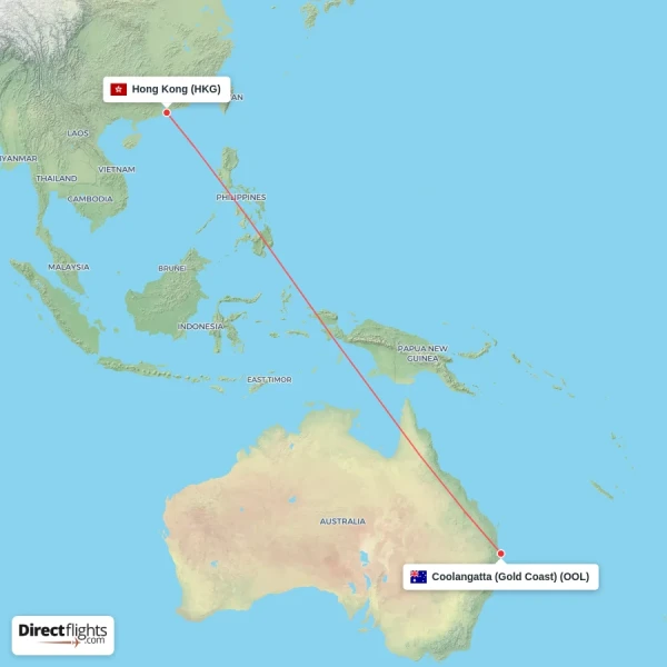Coolangatta (Gold Coast) - Hong Kong direct flight map
