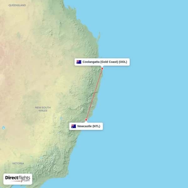 Coolangatta (Gold Coast) - Newcastle direct flight map