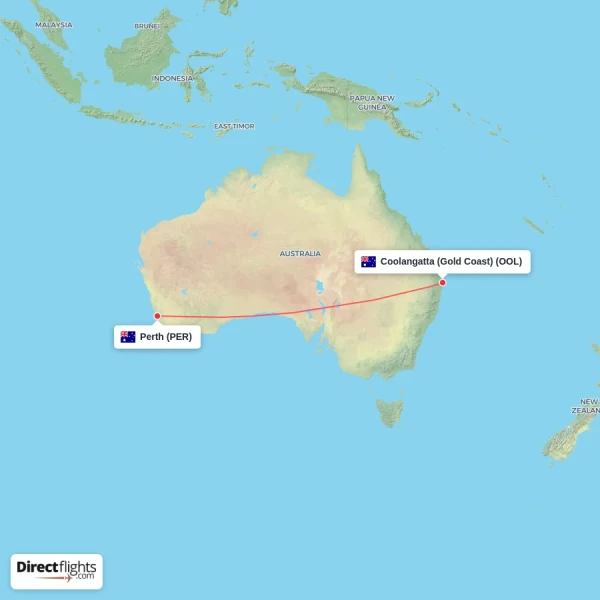 Coolangatta (Gold Coast) - Perth direct flight map
