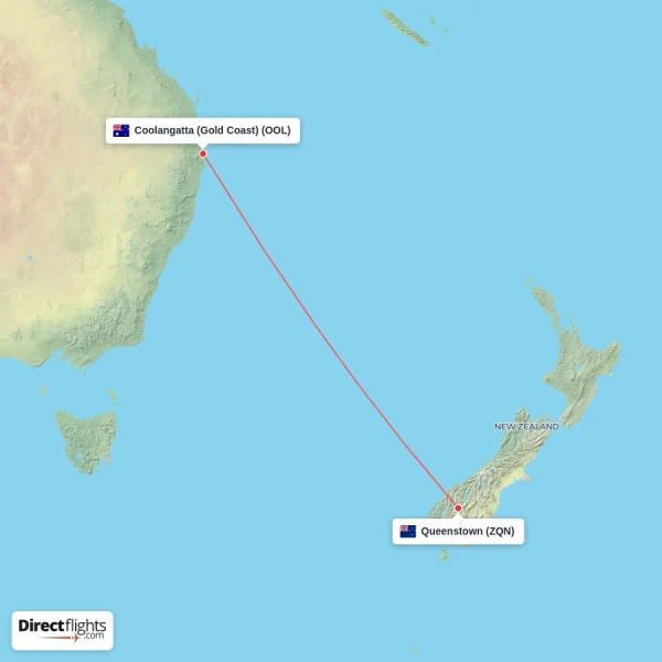 Coolangatta (Gold Coast) - Queenstown direct flight map