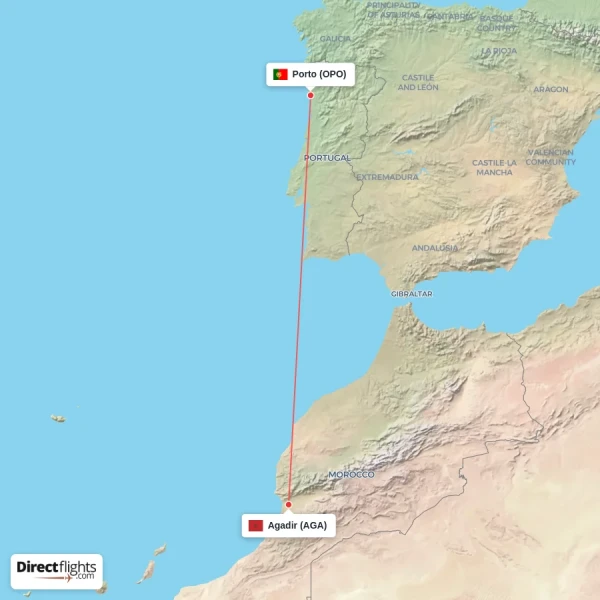 Porto - Agadir direct flight map