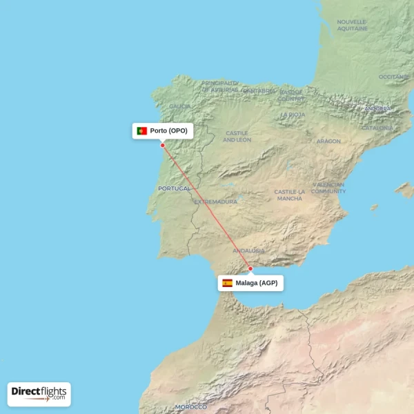 Porto - Malaga direct flight map