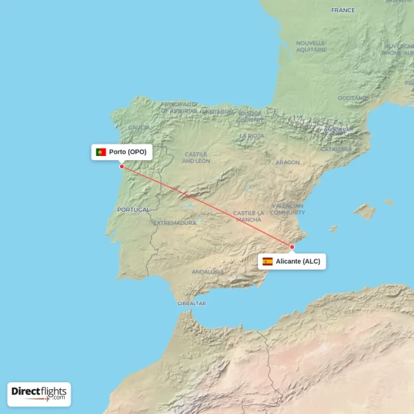Porto - Alicante direct flight map