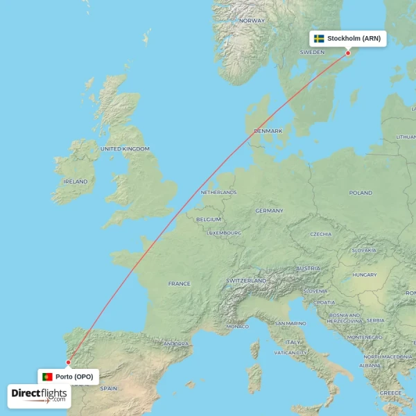 Porto - Stockholm direct flight map
