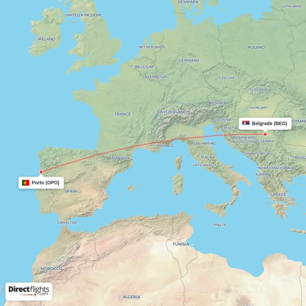 Porto - Belgrade direct flight map